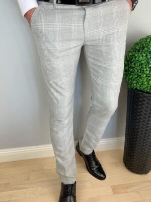 Eleganckie szare męskie spodnie w biała kratę