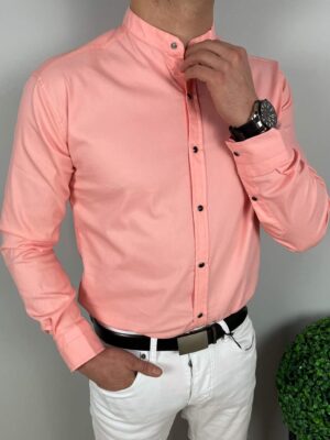 Różowa gładka męska koszula ze stójką