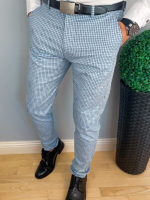 Jasnoniebieskie spodnie męskie slim fit w kratę